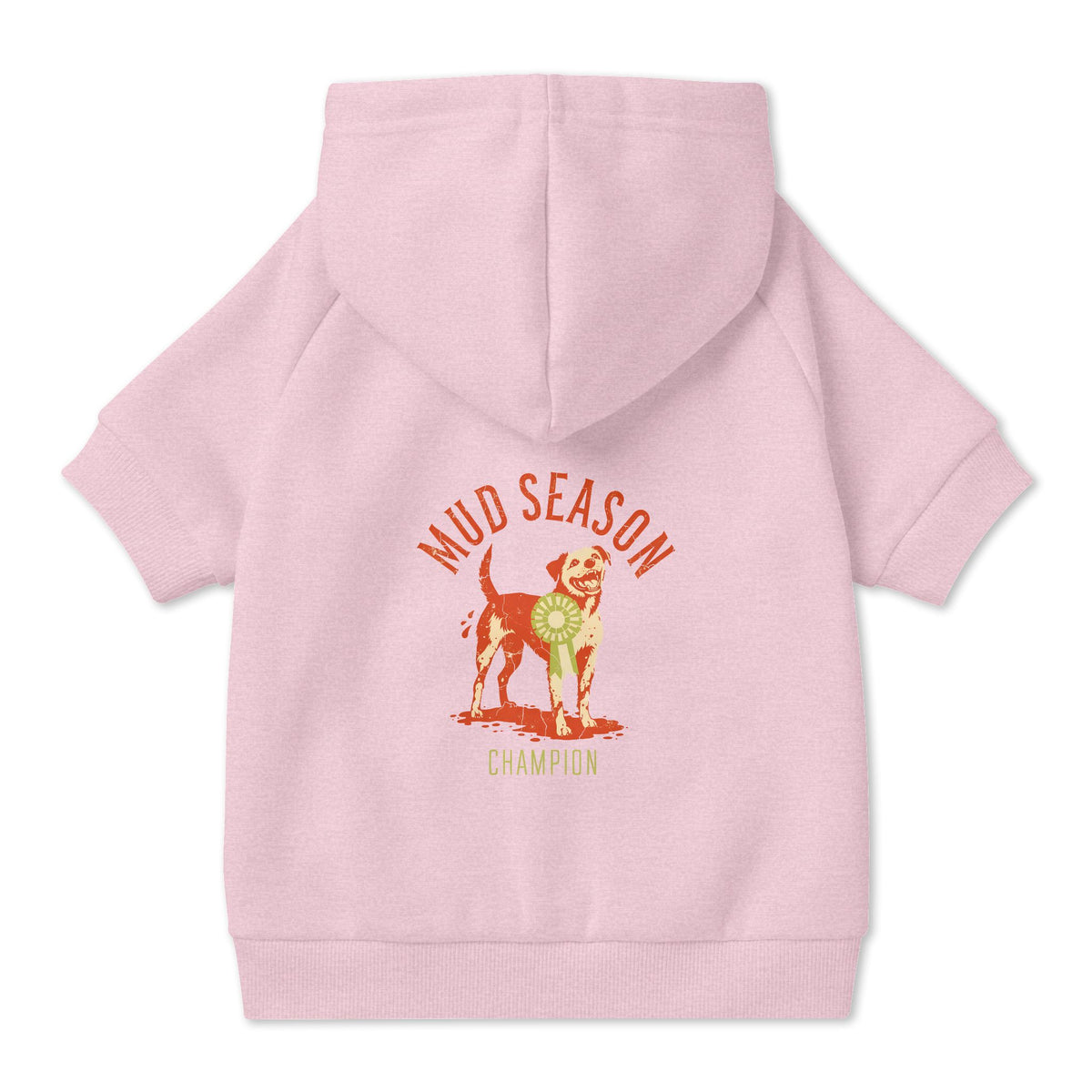 Mud Season Champion Dog Hoodie in Pink, back view — SniffWaggleNWalk™