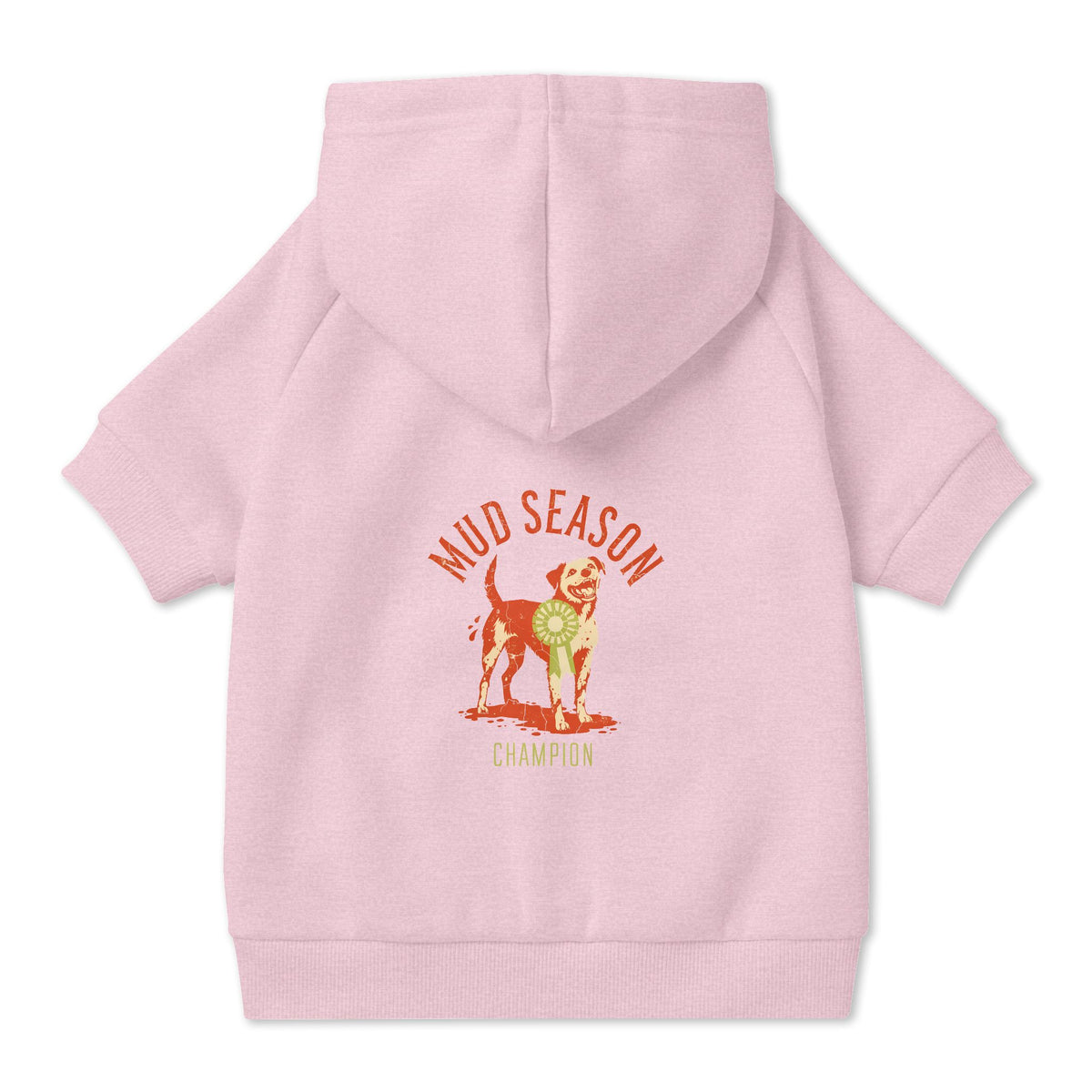 Mud Season Champion Dog Hoodie in Pink, back view — SniffWaggleNWalk™
