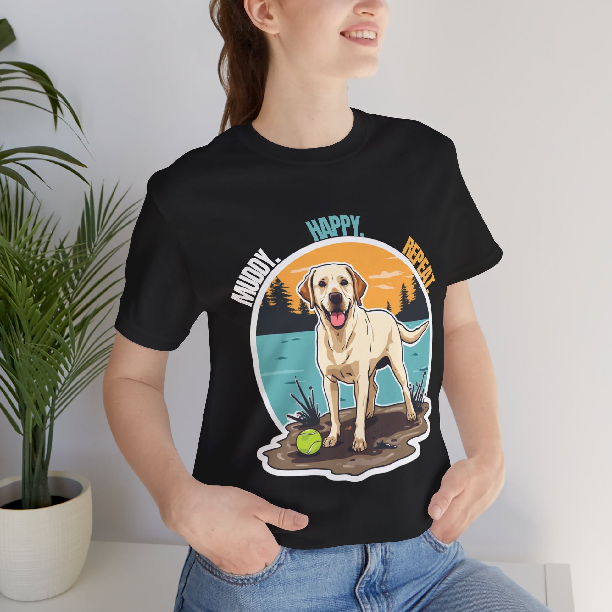 Muddy Happy Bright Labrador t-shirt front view on model