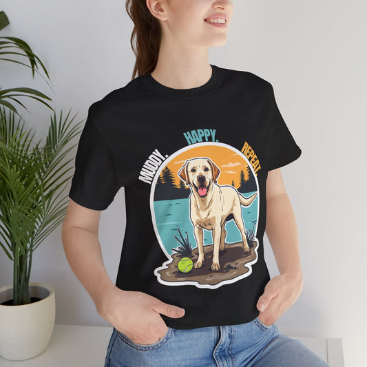 Muddy Happy Bright Labrador t-shirt front view on model