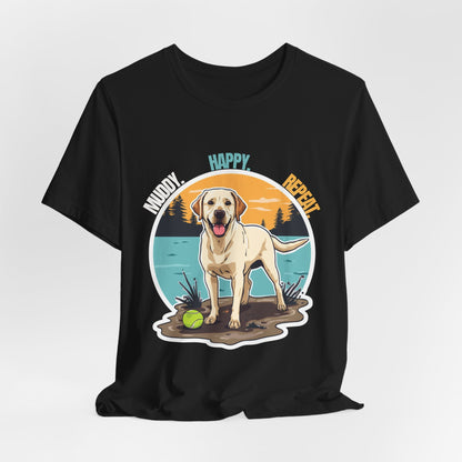 Muddy Happy Bright Labrador t-shirt flat lay back