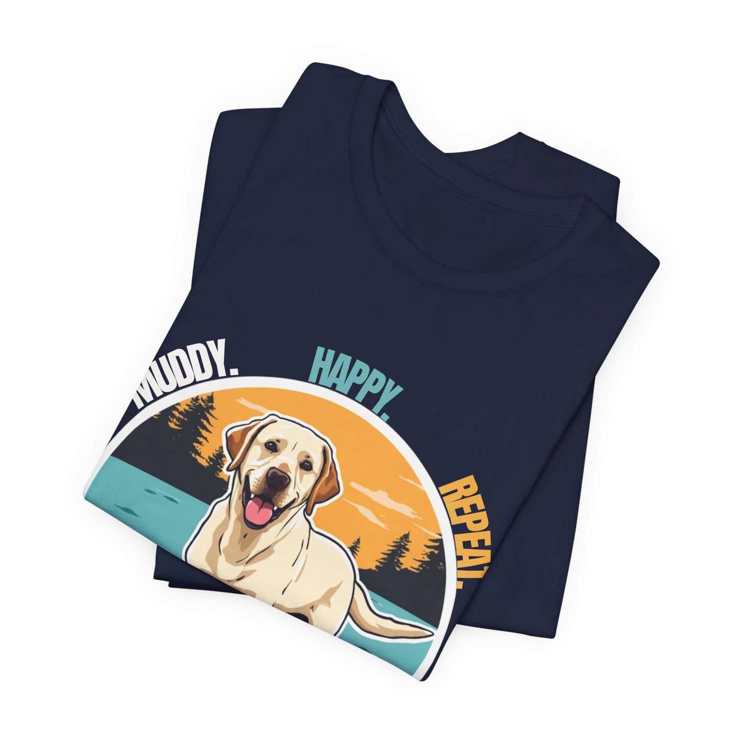 Model wearing Muddy Happy Bright Labrador t-shirt, pose two