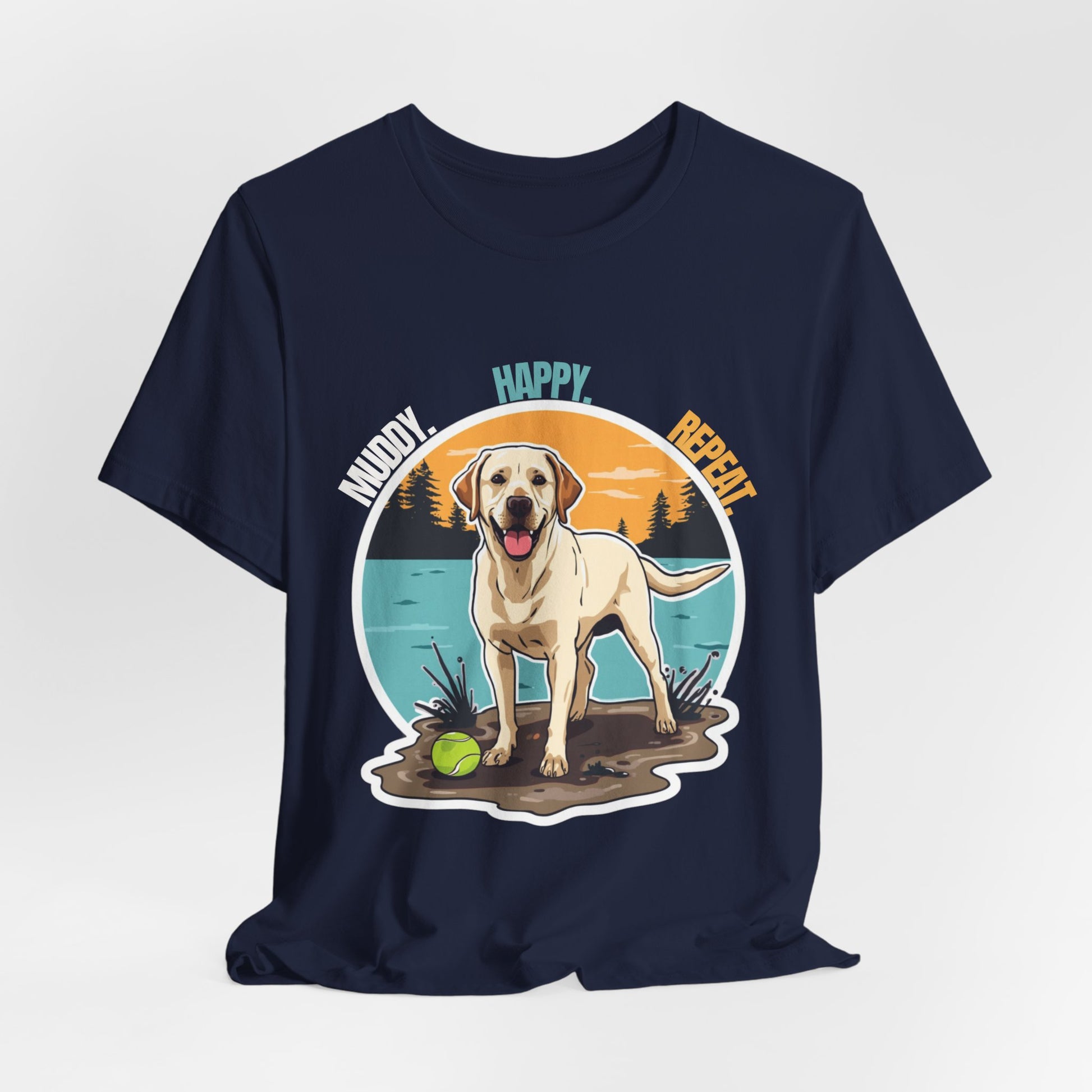Model wearing Muddy Happy Bright Labrador t-shirt, pose three