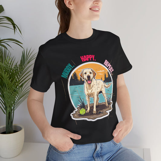 Muddy Happy Repeat Labrador t-shirt front view on model