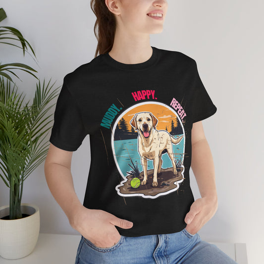 Muddy Happy Repeat Labrador t-shirt back view on model