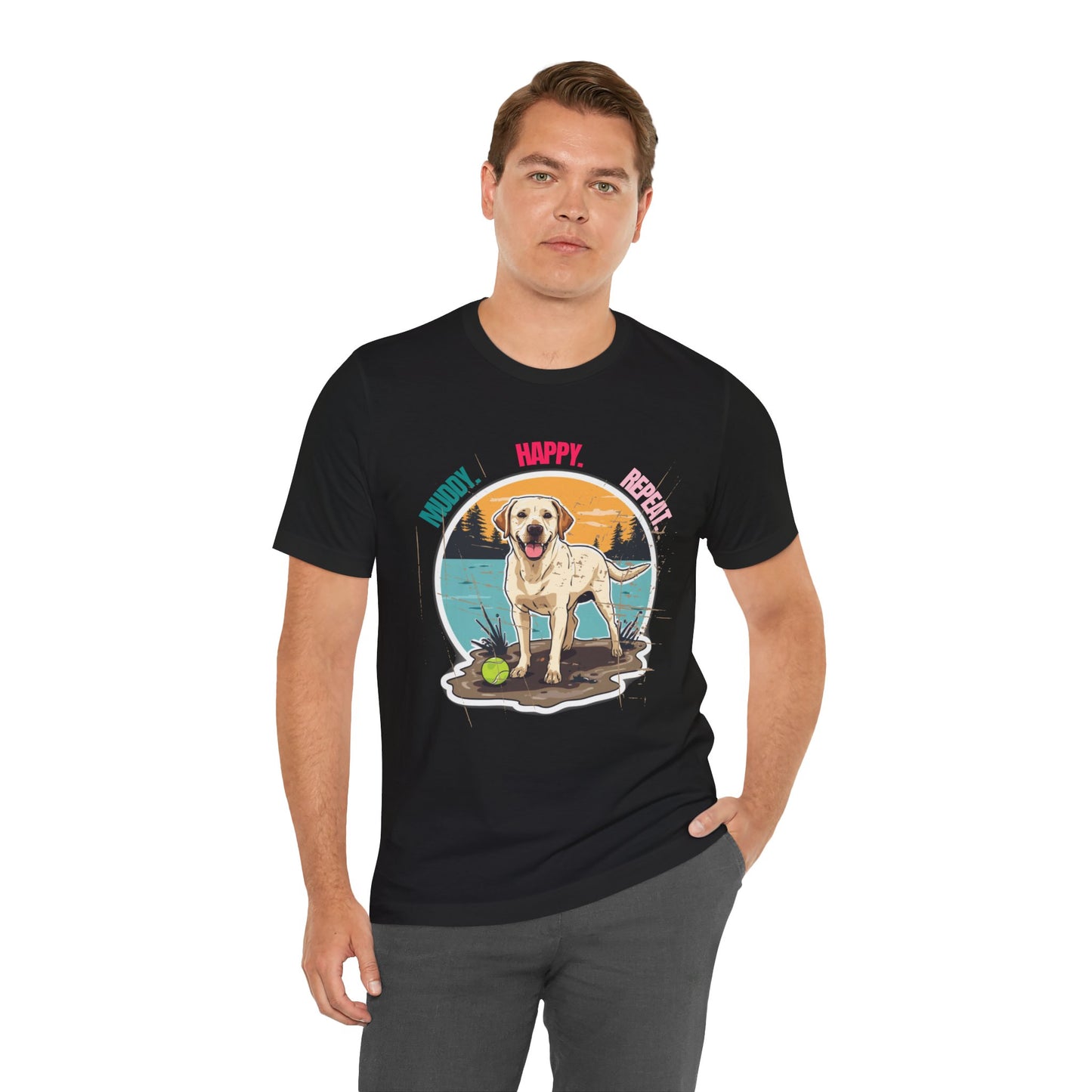 Muddy Happy Repeat Labrador t-shirt in Dark Grey Heather