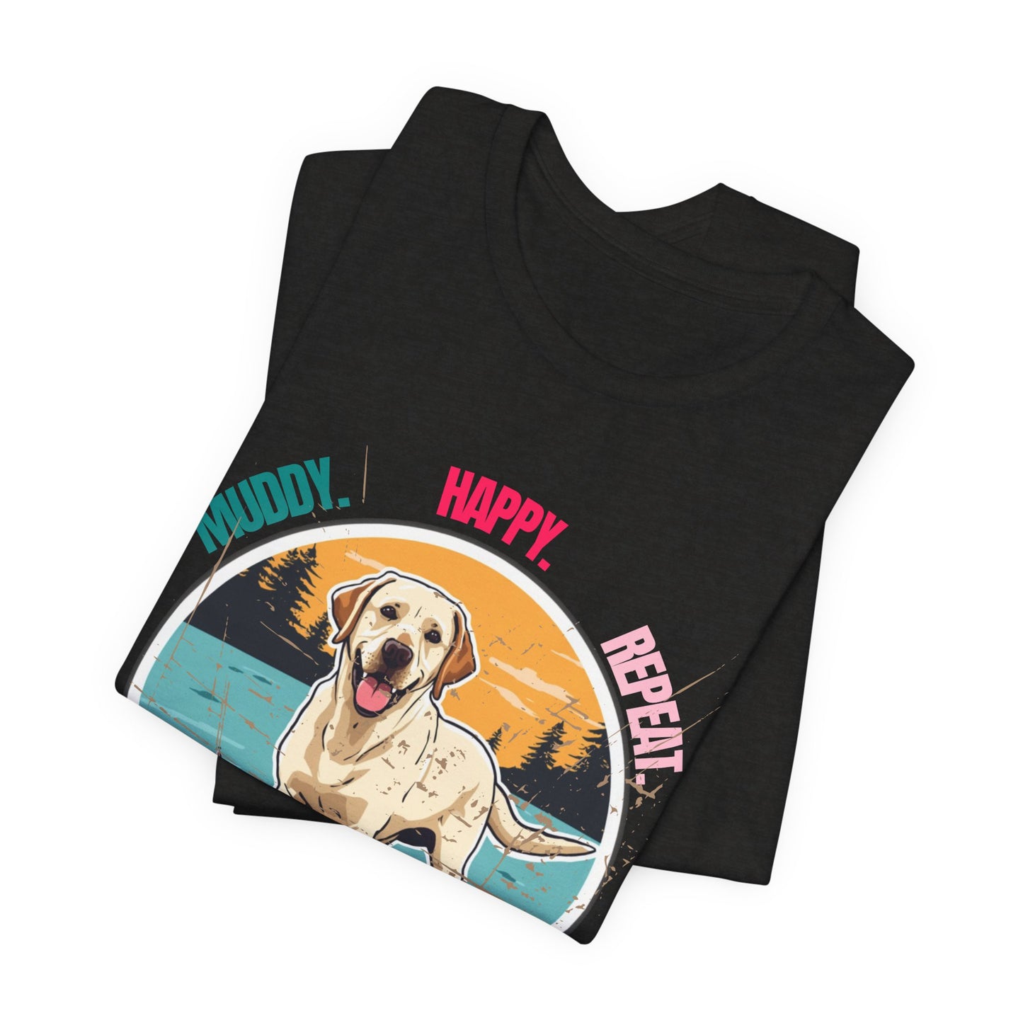 Model wearing Muddy Happy Repeat Labrador t-shirt casual style