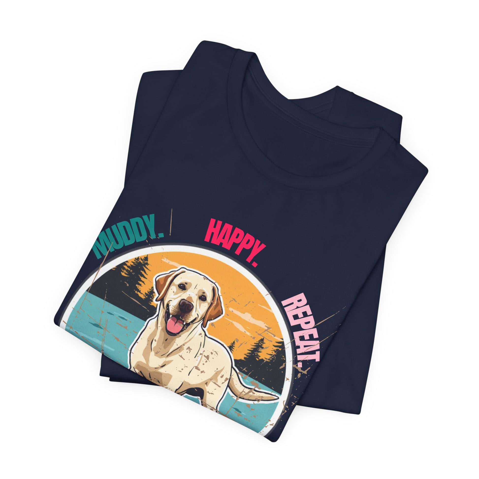 Model wearing Muddy Happy Repeat Labrador t-shirt, pose two