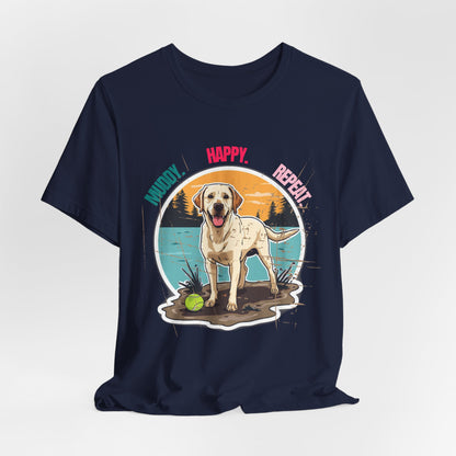 Model wearing Muddy Happy Repeat Labrador t-shirt, pose three