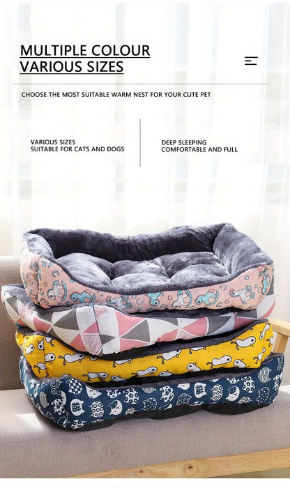 Stack of pet beds in various colors and patterns on a white background