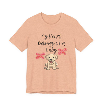My Heart Belongs to a Laby Labrador t-shirt in Heather Peach, flat lay front view