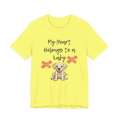 My Heart Belongs to a Laby Labrador t-shirt in Yellow, flat lay front view