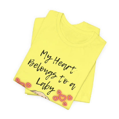 My Heart Belongs to a Laby Labrador t-shirt in Yellow, folded view showing Lab puppy and hearts print
