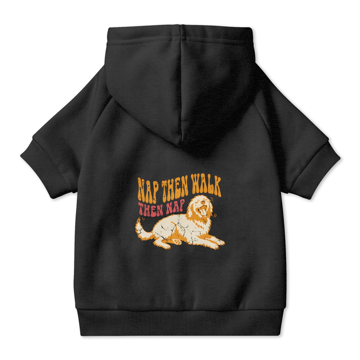 Nap Then Walk Then Nap Dog Hoodie in Black, back view — SniffWaggleNWalk™