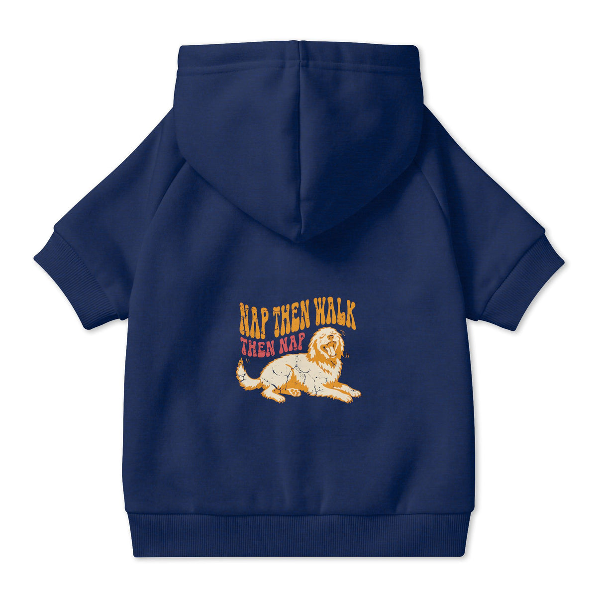 Nap Then Walk Then Nap Dog Hoodie in Navy, back view — SniffWaggleNWalk™