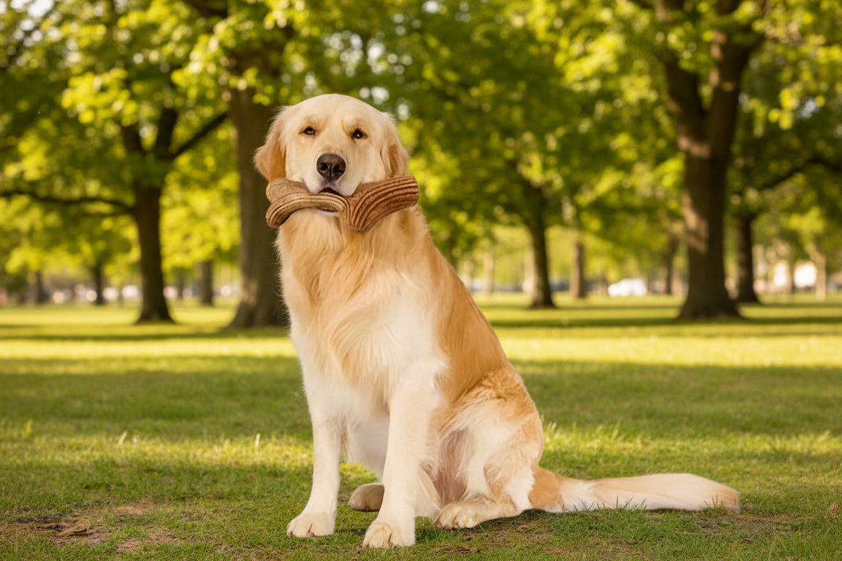 SniffWaggleNWalk AntlerChew deer antler chew toy Golden Retriever in forest