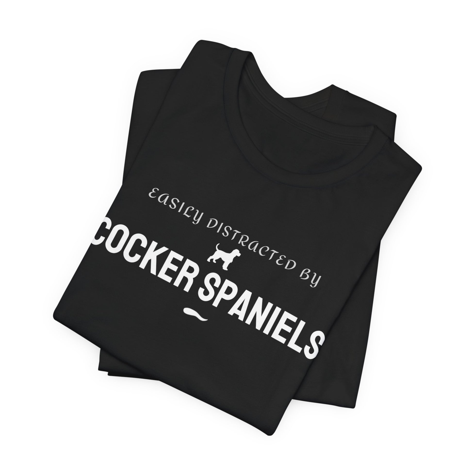 Navy funny dog t-shirt reading Easily Distracted by Cocker Spaniels, lifestyle view