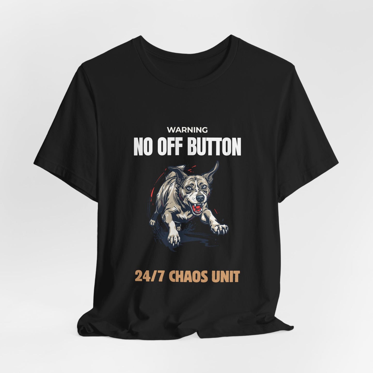 No Off Button dog tee in black heather, front view