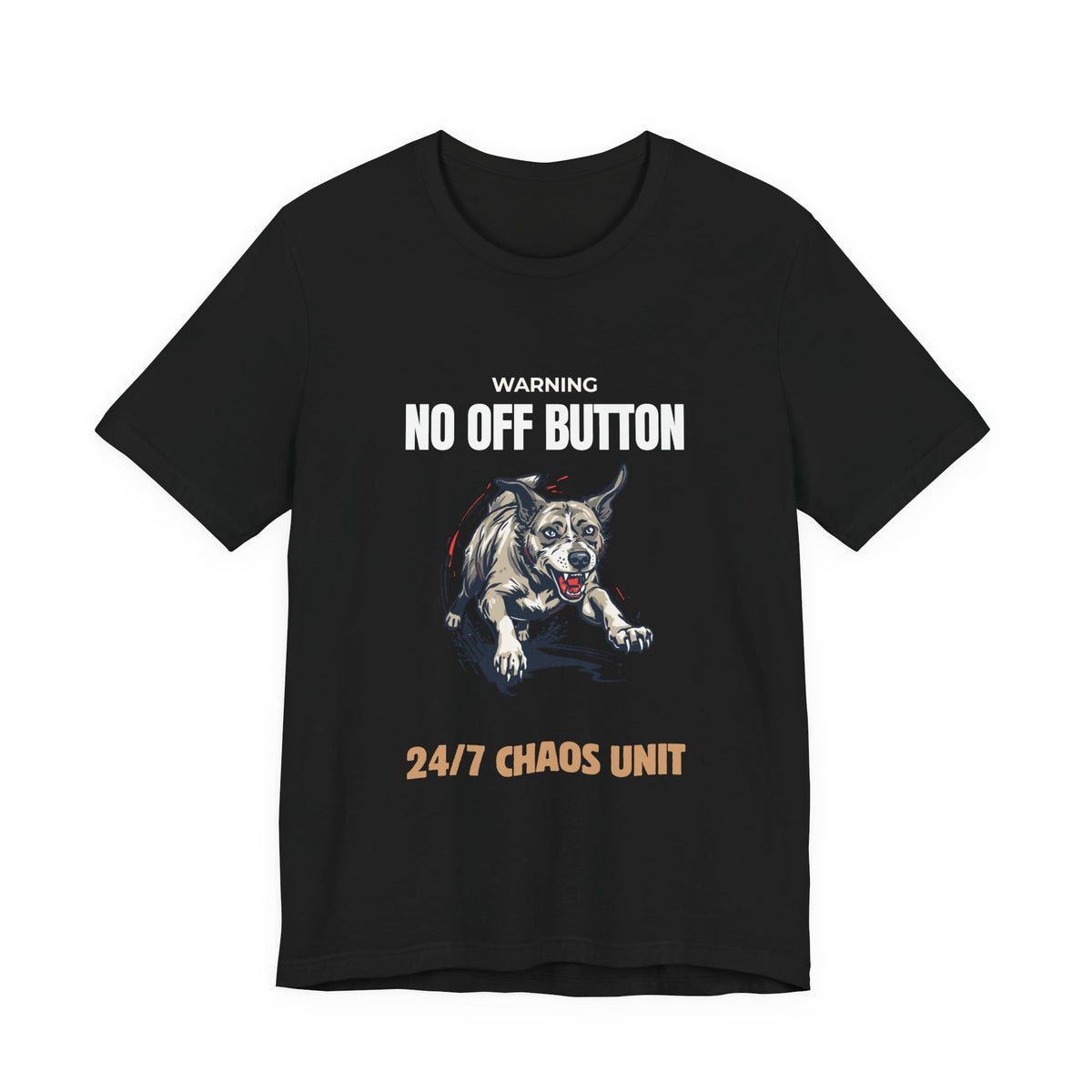 No Off Button dog tee, lifestyle shot