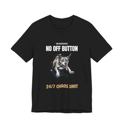 No Off Button dog tee, lifestyle shot