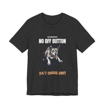 No Off Button dog tee in navy, close-up