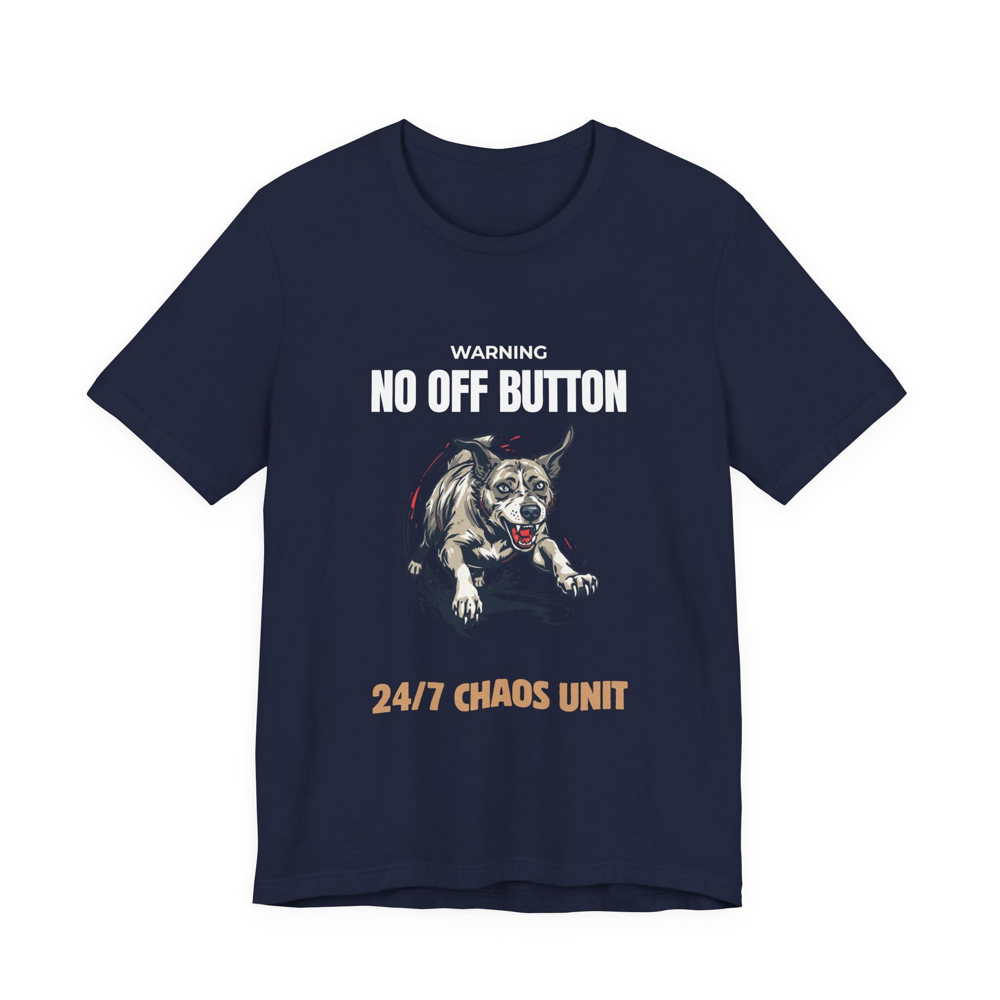 No Off Button dog tee, outdoor shot