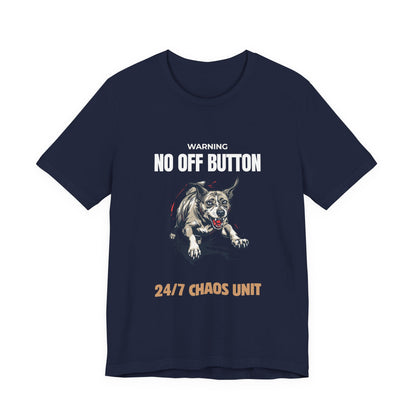 No Off Button dog tee, outdoor shot