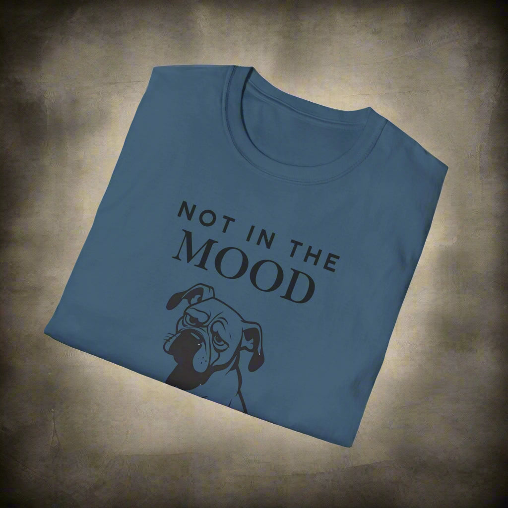 Not In The Mood moody dog t-shirt in Indigo Blue, folded view