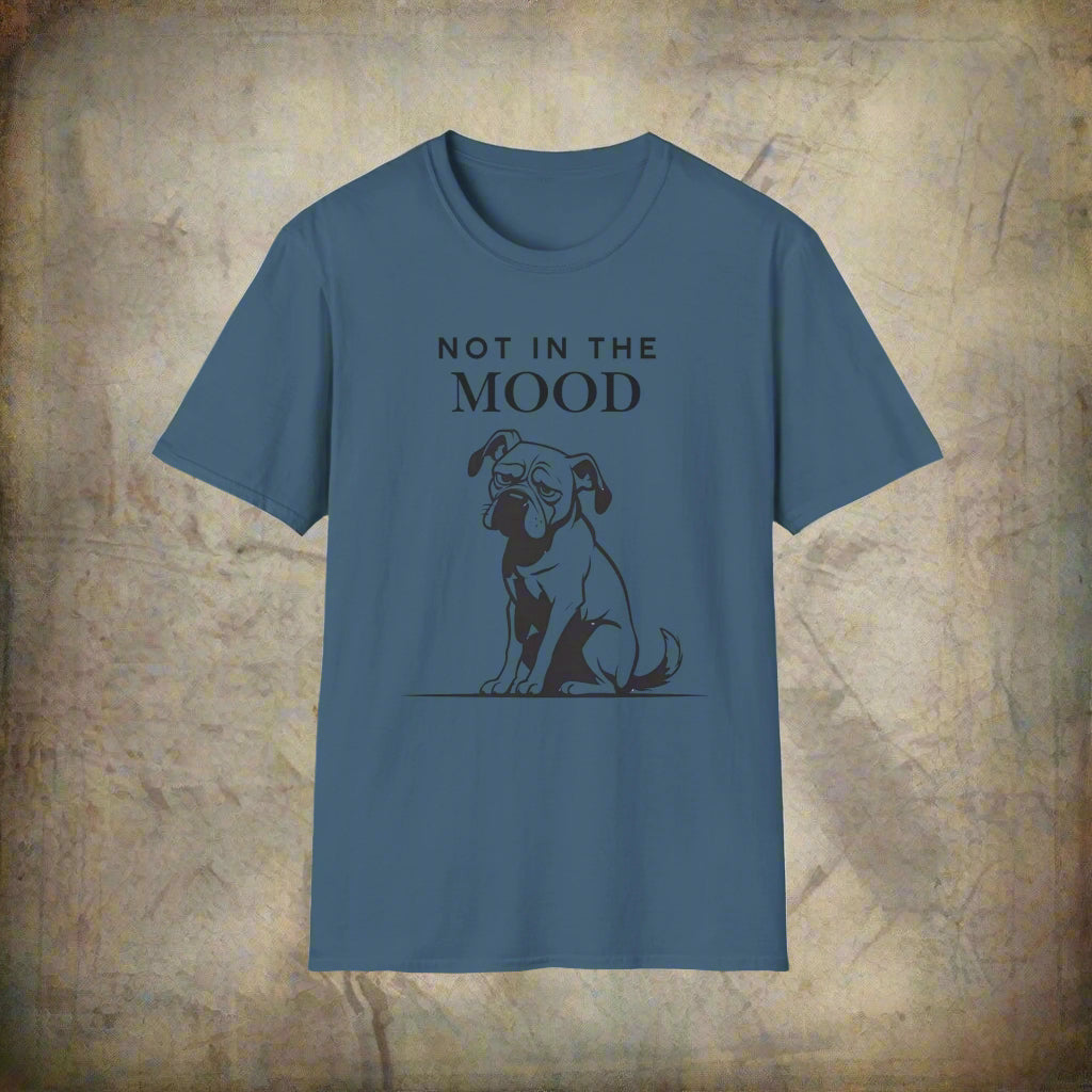 Not In The Mood moody dog t-shirt in Indigo Blue, front view
