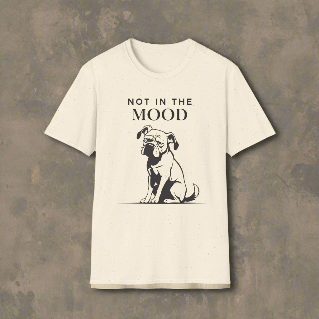 Not In The Mood moody dog t-shirt worn by a model, lifestyle shot