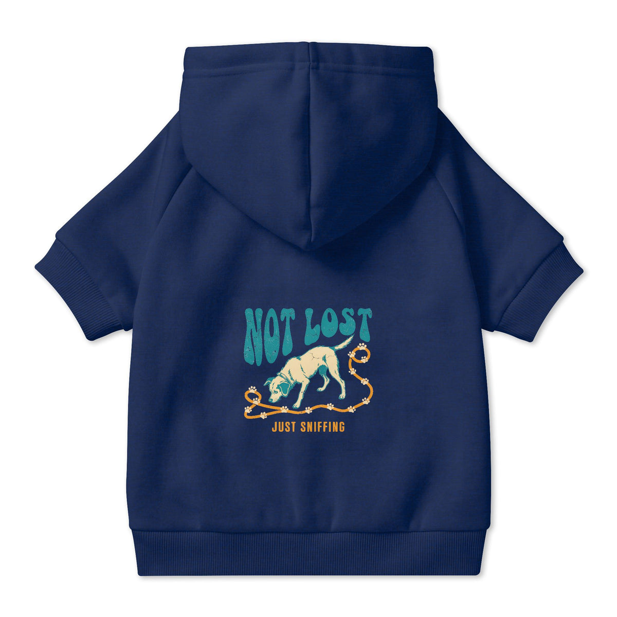 Not Lost Just Sniffing Dog Hoodie in Navy, back view — SniffWaggleNWalk™