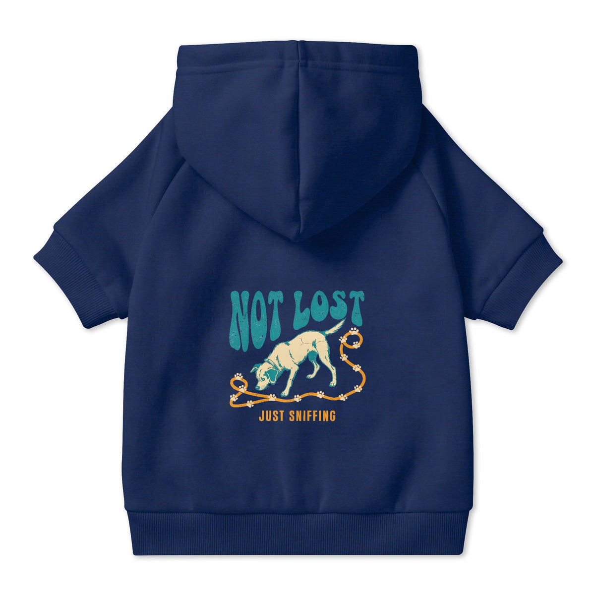 Not Lost Just Sniffing Dog Hoodie in Navy, back view — SniffWaggleNWalk™