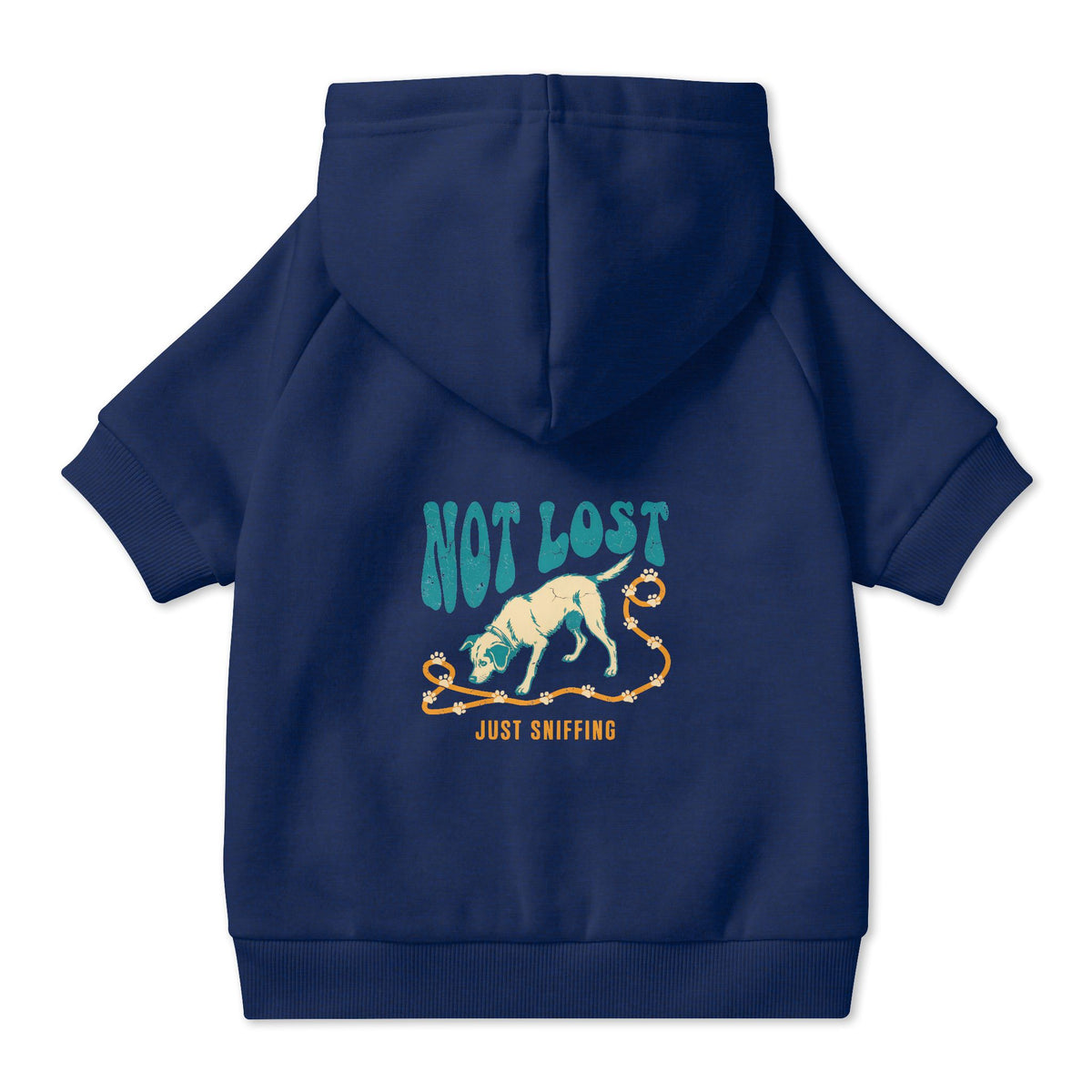 Not Lost Just Sniffing Dog Hoodie in Navy, back view — SniffWaggleNWalk™