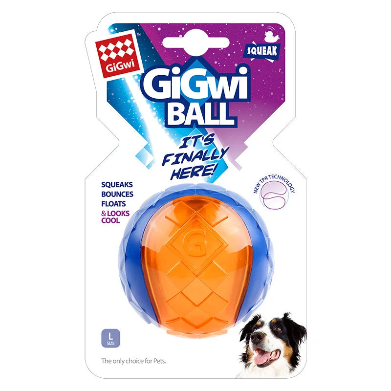 Orange GiGwi M ball dog toy in retail packaging — M size squeaky TPR ball for small dogs