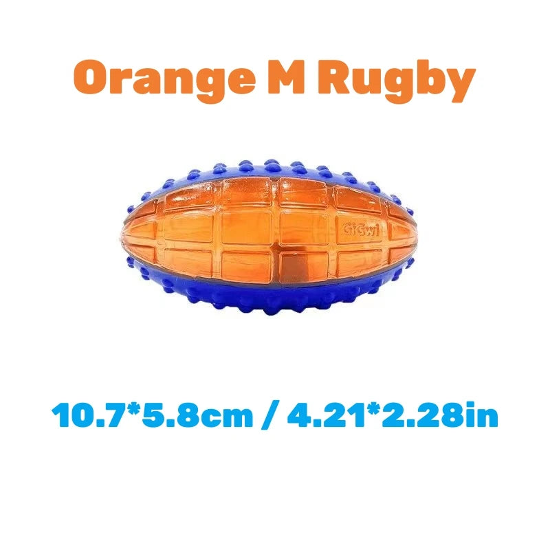 Two dogs watching GiGwi ball in flight — designed in colours dogs can see: blue and orange