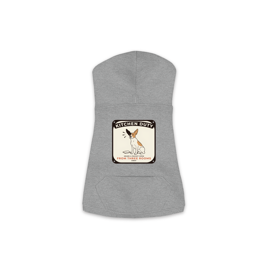 Packet Radar dog hoodie in granite heather grey, sizes XS to M