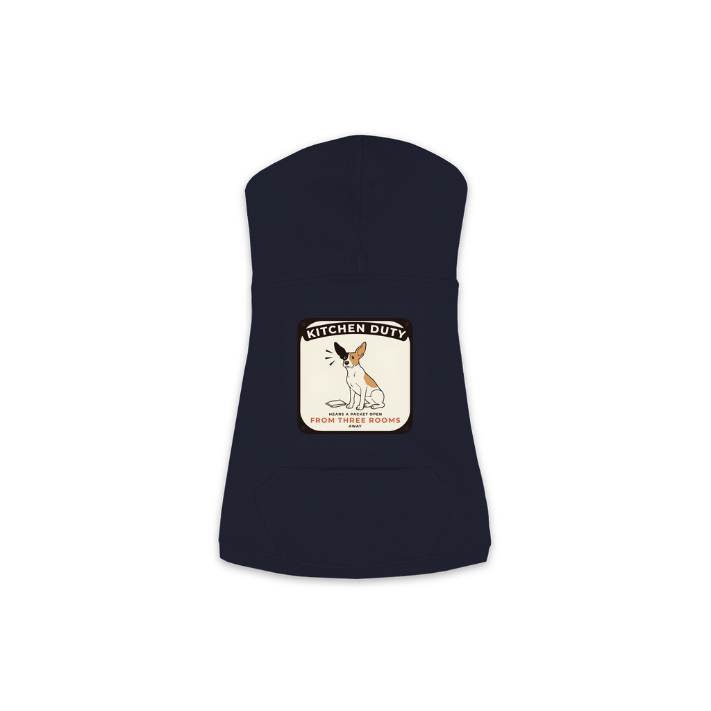 Packet Radar dog hoodie in navy, sizes XS to M