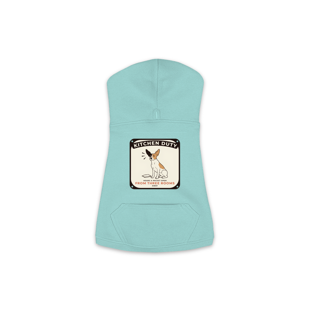 Packet Radar dog hoodie in saltwater blue, sizes XS to M