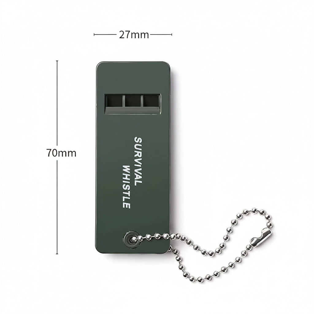 PawCall whistle shown with measurements: 70 mm long, 27 mm wide, 7 mm thick — pocket-flat for dog walks.