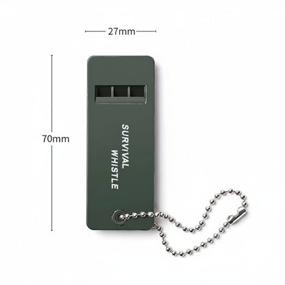 PawCall whistle shown with measurements: 70 mm long, 27 mm wide, 7 mm thick — pocket-flat for dog walks.