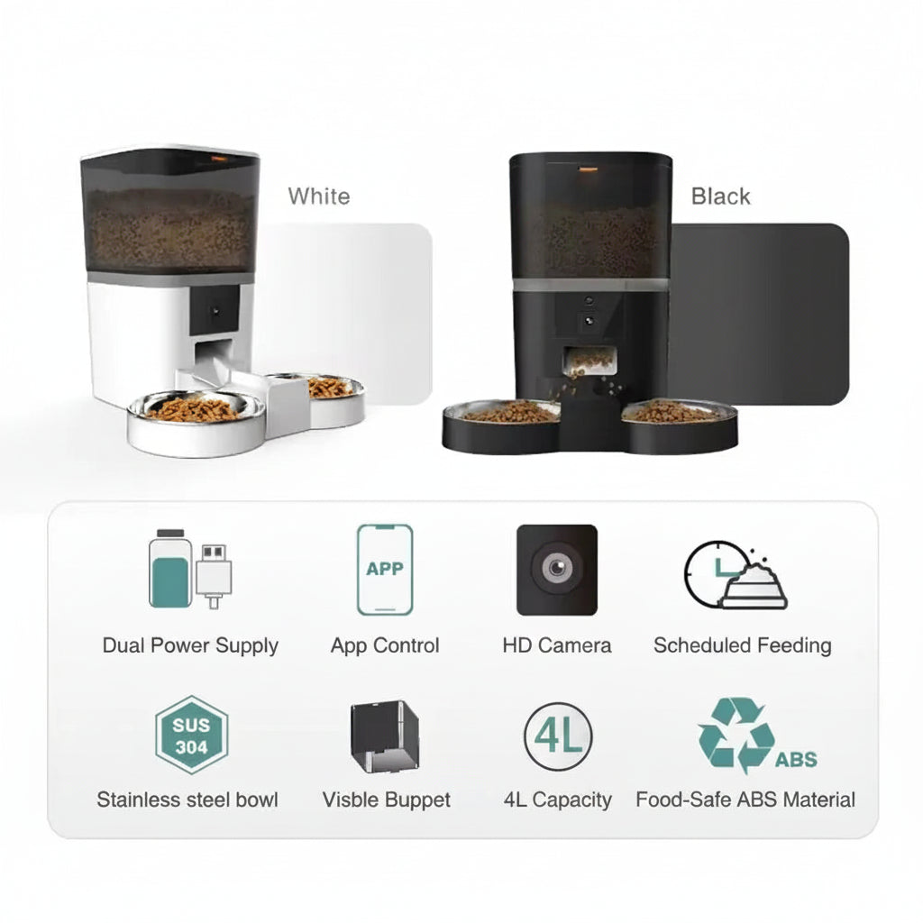 Black automatic pet feeder with HD camera and stainless steel bowls dispensing kibble, with a long-haired grey cat sat beside it.
