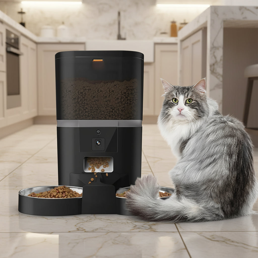 White and black versions of the automatic pet feeder with HD camera and stainless steel dual bowls, side-by-side on a neutral background.