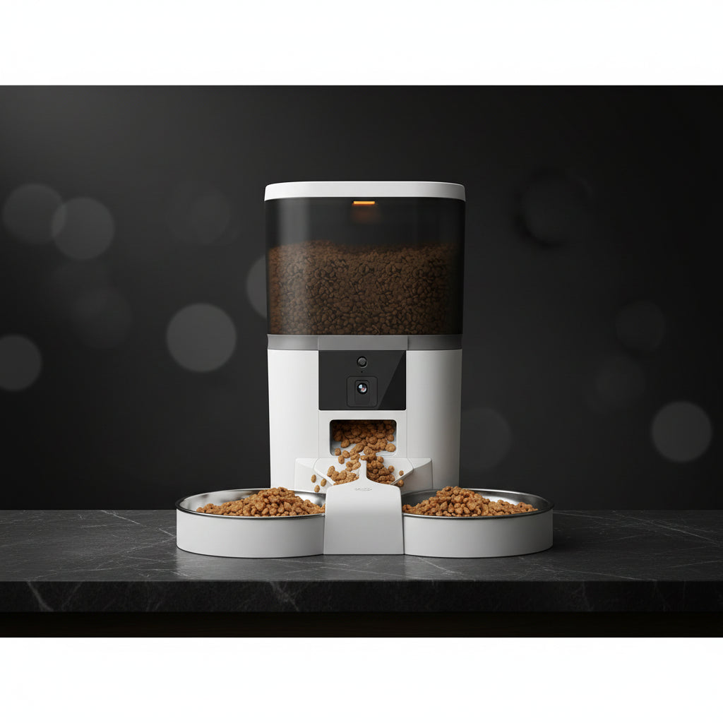 Close-up of the automatic pet feeder dispensing kibble through the meal splitter into two stainless steel bowls below. 