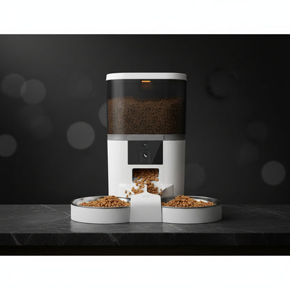 Close-up of the automatic pet feeder dispensing kibble through the meal splitter into two stainless steel bowls below. 