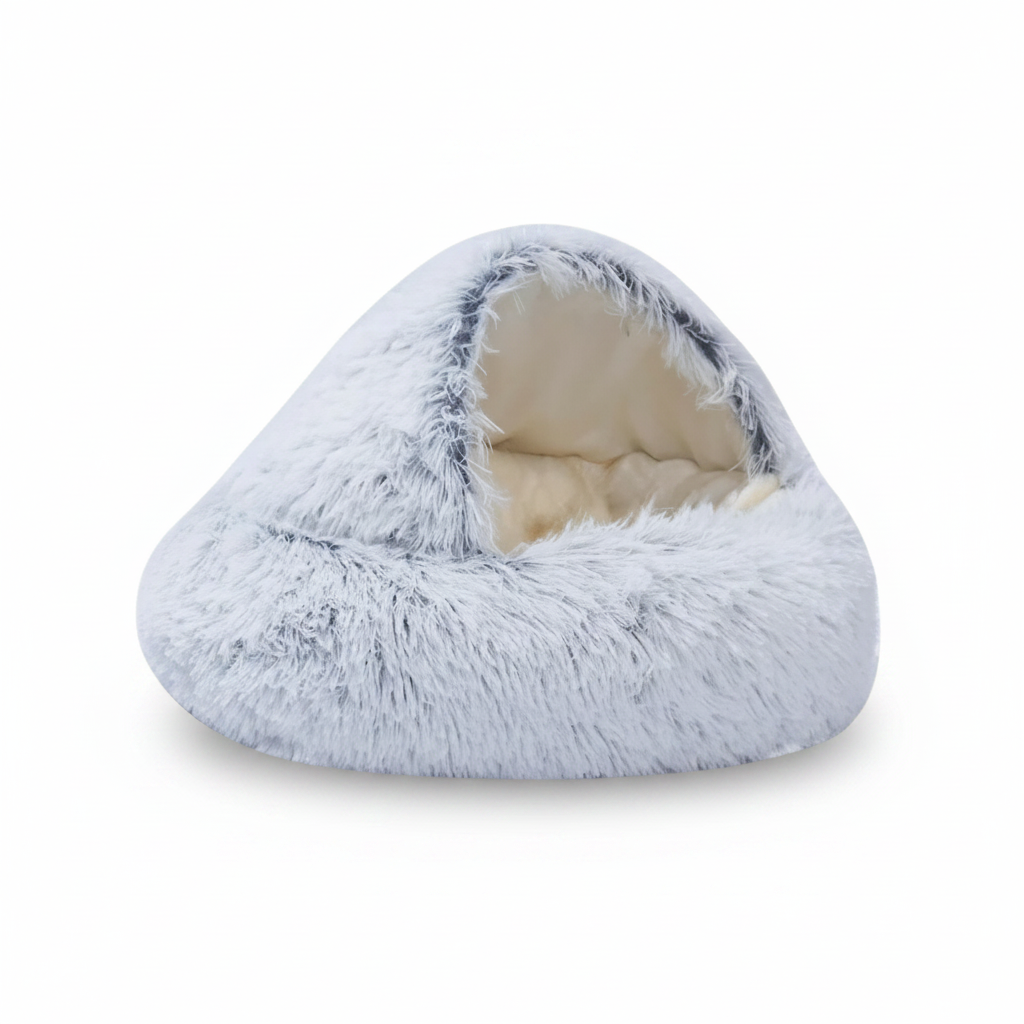 PawCave™ long-pile plush igloo cat cave bed in gray, showing curved front opening and shaggy exterior