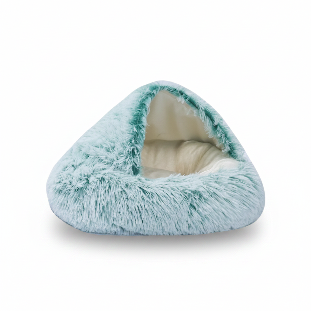  PawCave™ long-pile plush igloo cat cave bed in green (mint), showing curved front opening