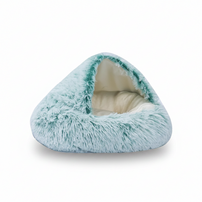  PawCave™ long-pile plush igloo cat cave bed in green (mint), showing curved front opening