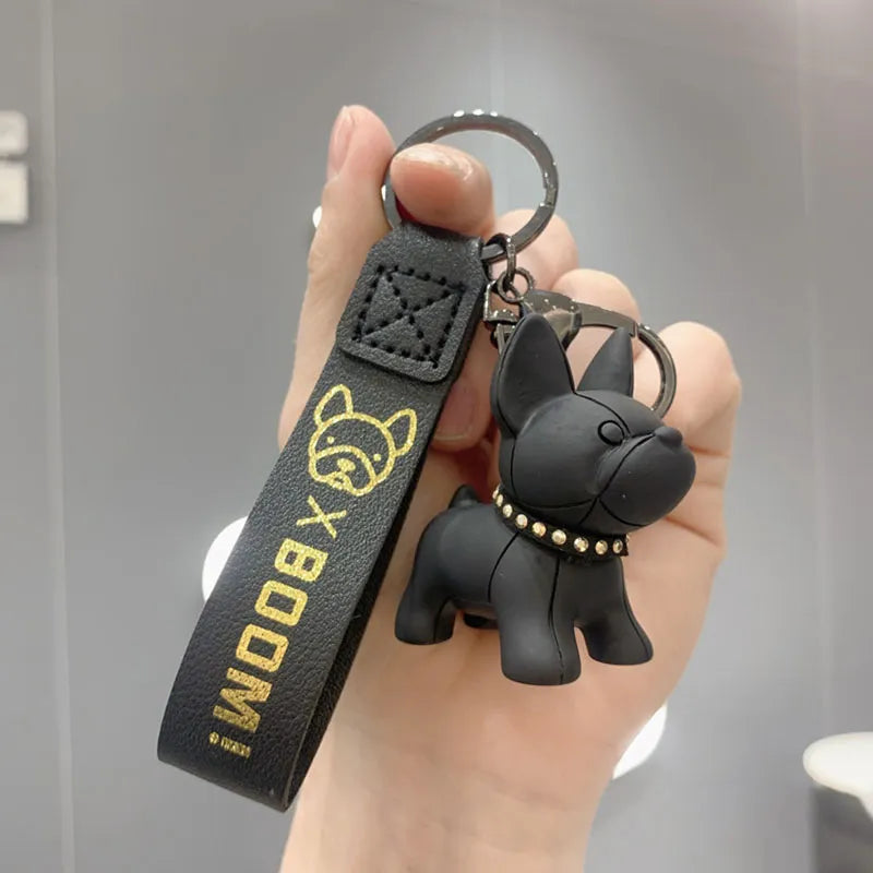 Black PawCharm French Bulldog keychain with studded collar and PU leather wrist strap.