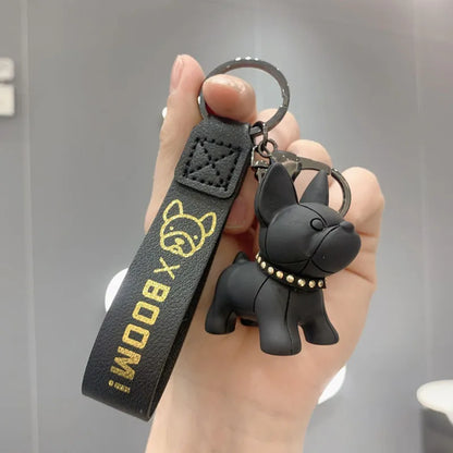 Black PawCharm French Bulldog keychain with studded collar and PU leather wrist strap.