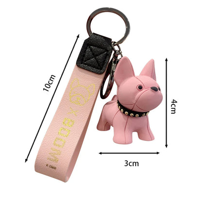 PawCharm French Bulldog keychain shown with measurements: 4 cm tall figurine, 10 cm PU strap. 
